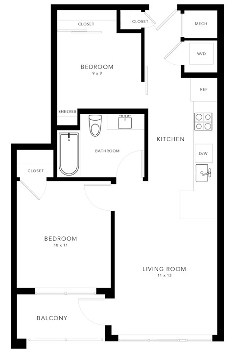 Floor plan for 2 beds, 1 bath, 619 sqft